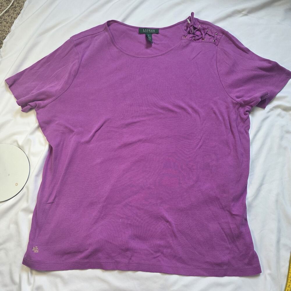 Vintage Ralph Lauren Top Shirt Womens 1X Purple Y2K DIstressed Preppy Cap Sleeve